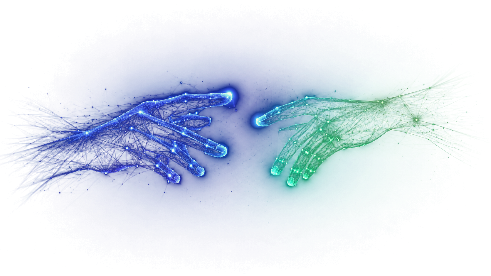 Two glowing wireframe hands reaching toward each other