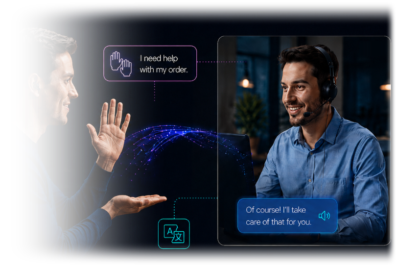 Deaf customer signing to a support agent, with translation (illustration)