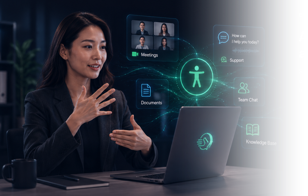 Professional signing at a laptop surrounded by workflow app panels