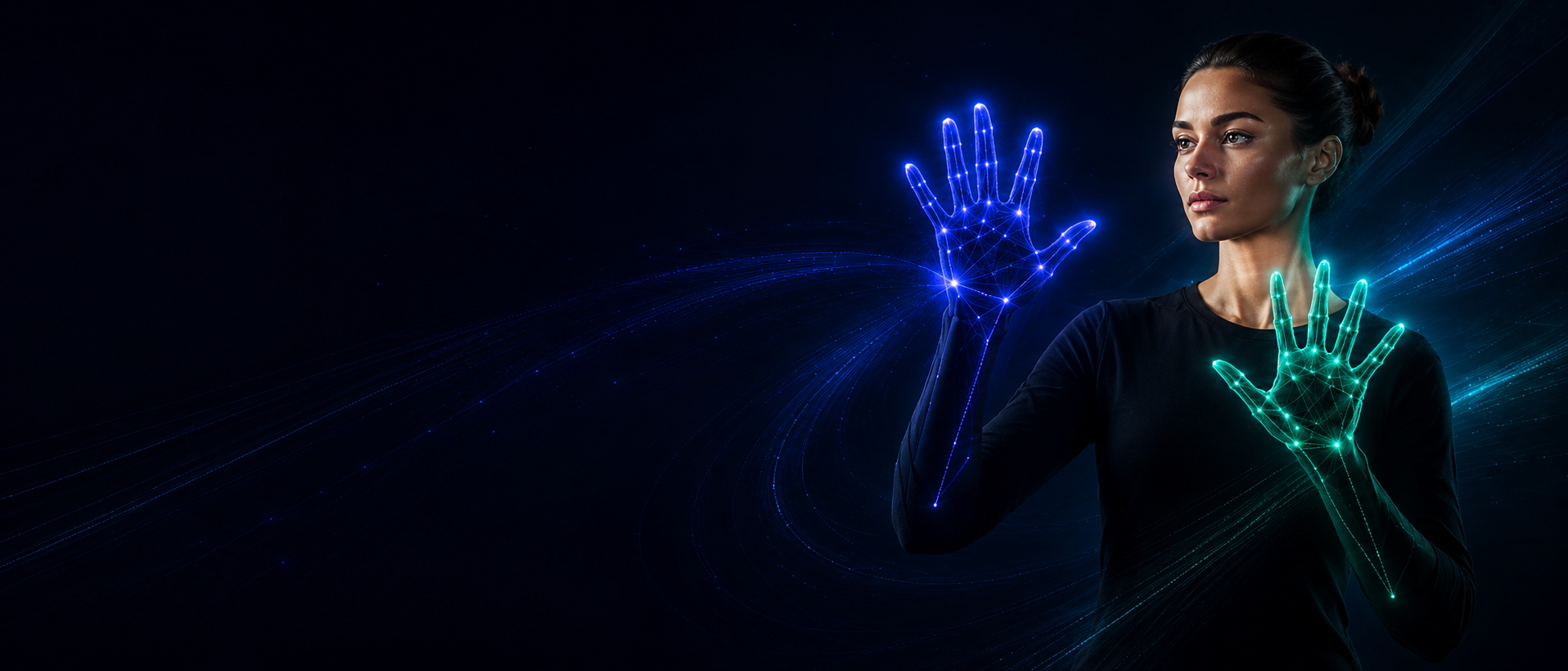 Signer with blue and green tracked hands