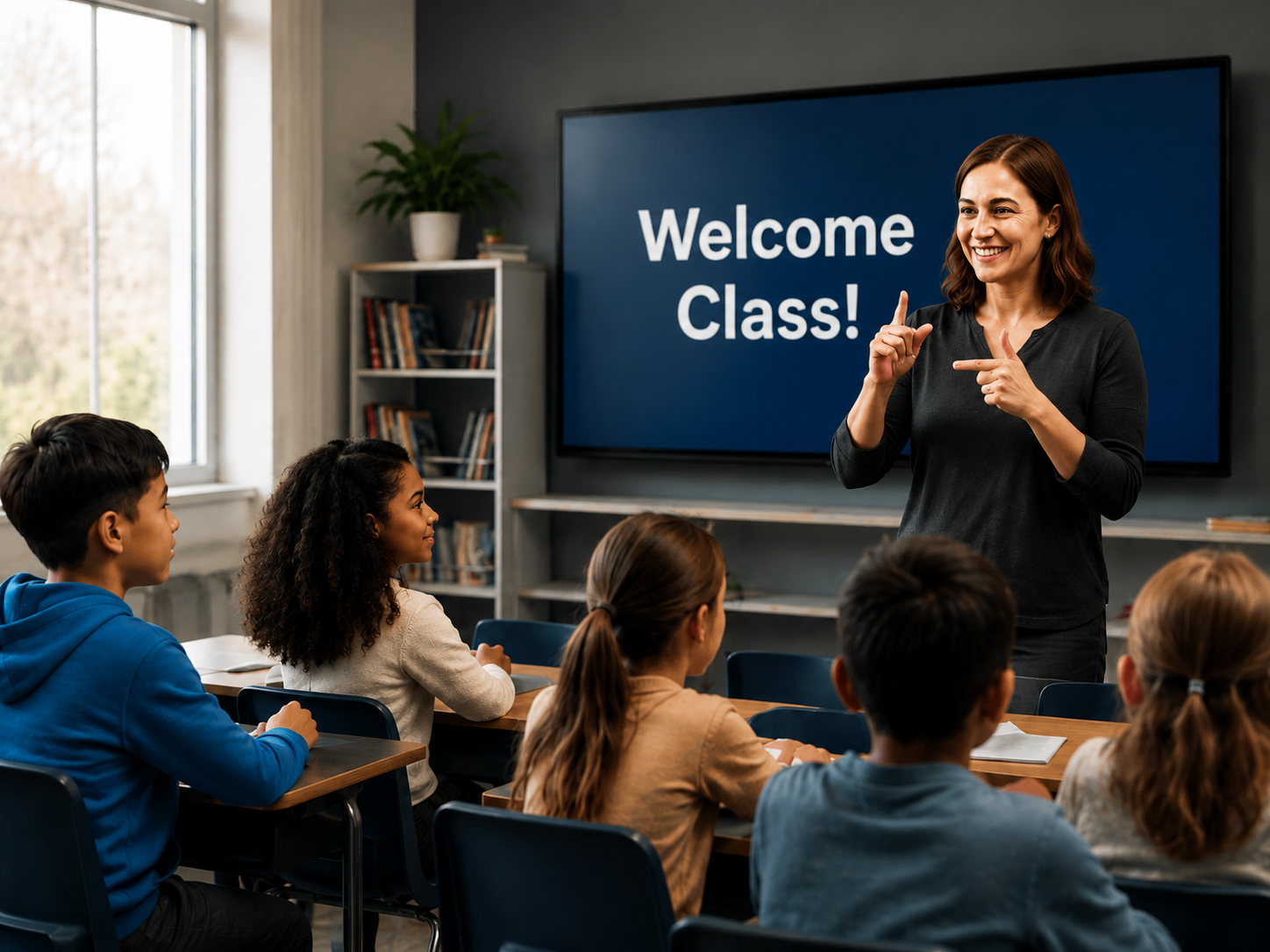 Teacher signing to a classroom