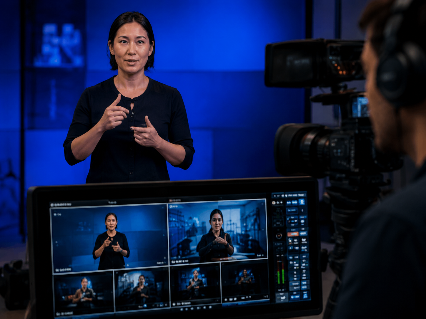 Broadcast control room with signed captioning