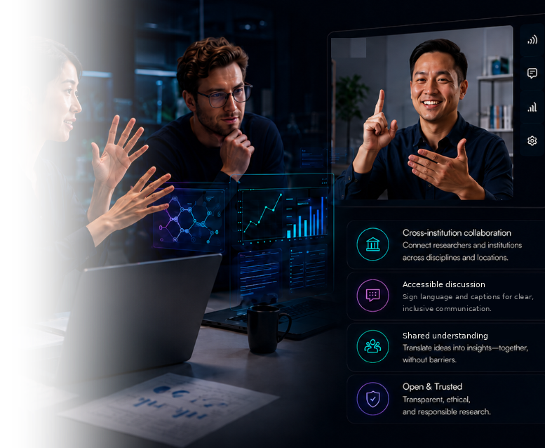 Researchers signing in a lab beside a video call with captions (illustration)