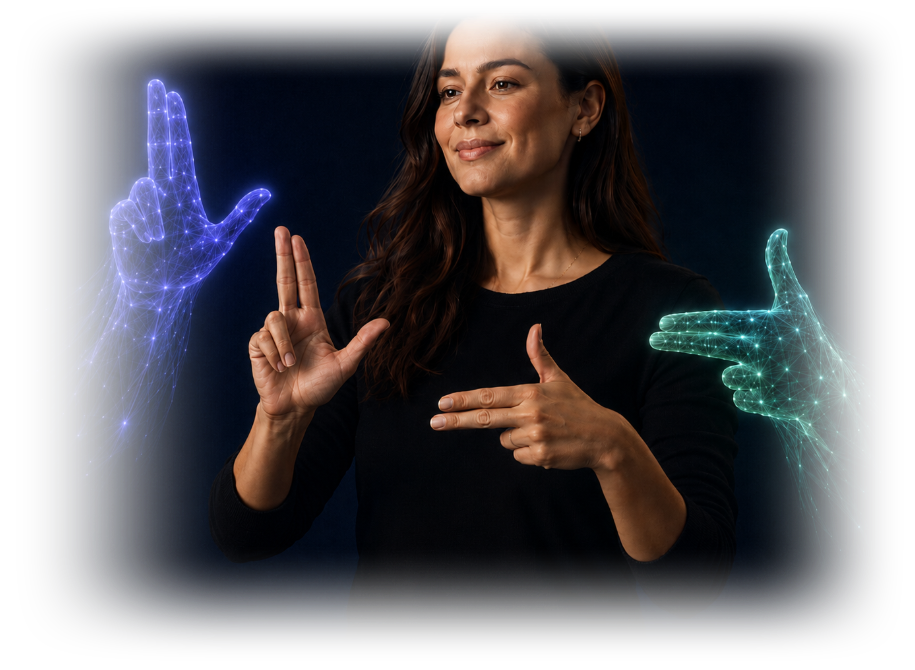 Signer with glowing purple and green tracked hands