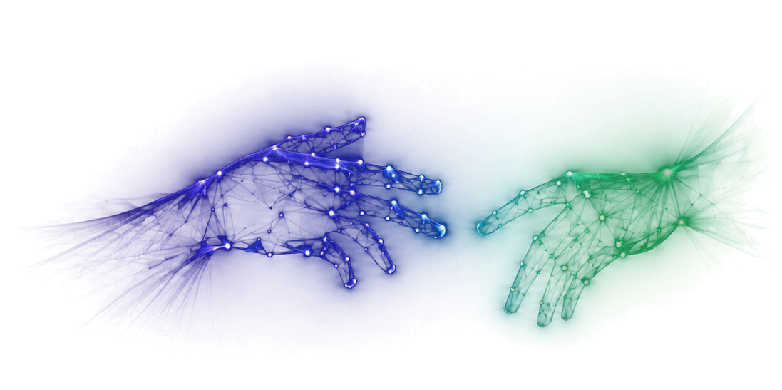 Two glowing wireframe hands reaching toward each other